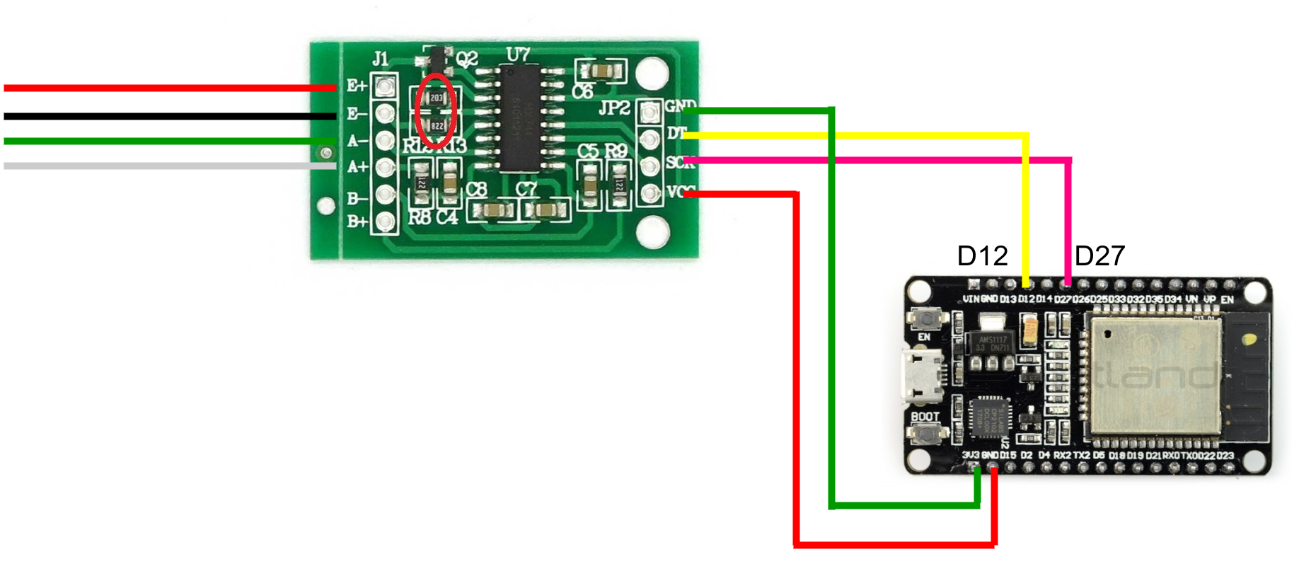 Figure 5: HX711 -> ESP32 connection diagram (WARNING! Please ensure that the 3.3V and GND are connected correctly, they are WRONGLY swapped in the image)